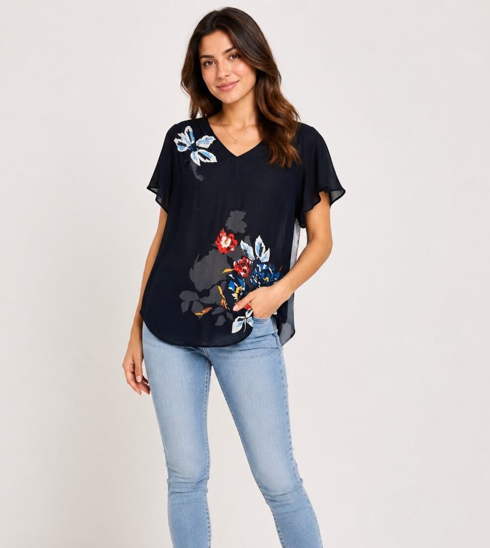 Cabi Black Floral Short Sleeve Blouse Womens S Boho Flowy Sheer Classic